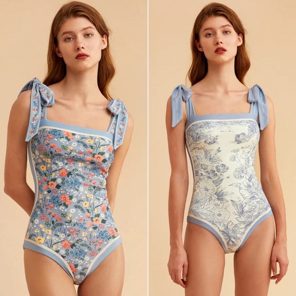REVERSIBLE FLORAL TIE-SHOULDER ONE PIECE SWIMSUIT - Picture 1 of 16